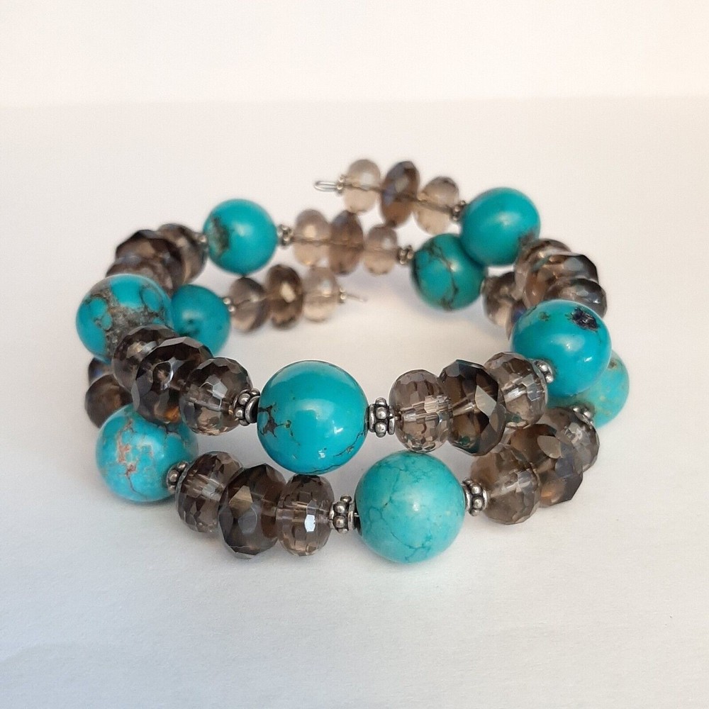 Handmade Sterling Silver Turquoise Smoky Quartz Bracelet Spring Style Gemstones